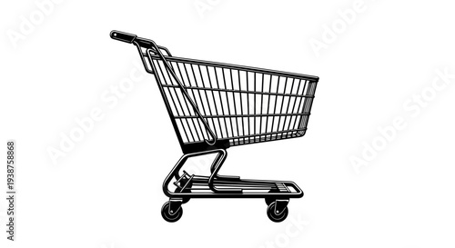 Classic monochrome shopping cart illustration symbolizing modern retail and consumer purchasing