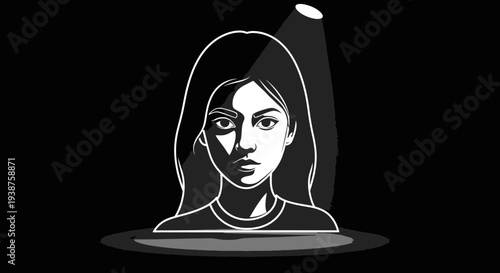 Dramatic monochrome portrait of a woman under a spotlight capturing striking contrasts and mystery
