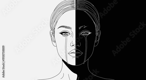 Stark monochrome portrait illustrating raw emotional contrast and the duality of human sorrow
