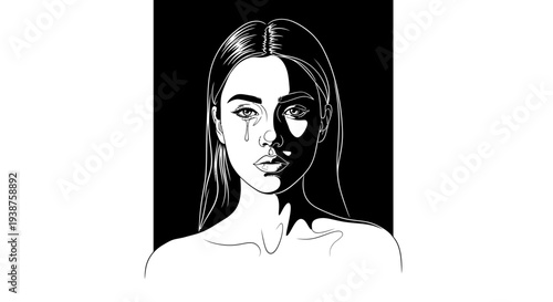 Monochromatic portrayal of a sorrowful woman with a teardrop, split by light and shadow, evoking