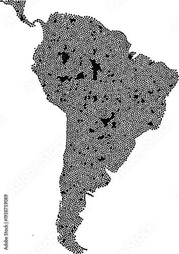 Detailed dot map of South America continent showing landmass with black dots on white background