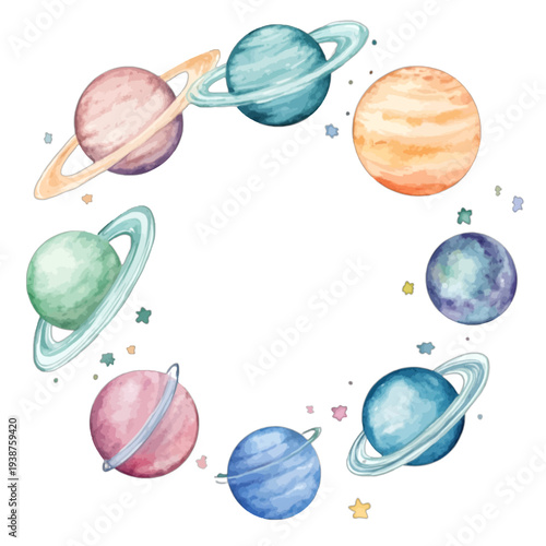 Solar System Planet Wreath Watercolor Vector Illustration – Hand Drawn Space Galaxy Frame Isolated on White for Outer Space Nursery and Birthday Decor