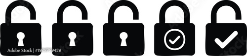 Five black padlock with two checkmarks on a white background