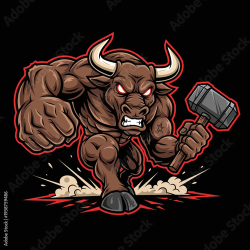 Cartoon Minotaur Holding Large Hammer Fist.