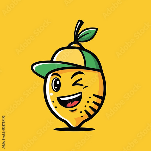 Cartoon Lemon Character Wearing Green Baseball Cap.