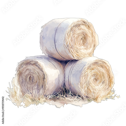 Stacked Round Hay Bales Watercolor Vector Illustration – Hand Painted Farm Harvest Straw Isolated on White for Rural Countryside and Autumn Decor