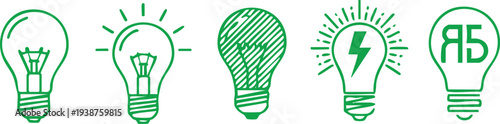 Five distinct hand-drawn green light bulb with varying and a lightning bolt symbol