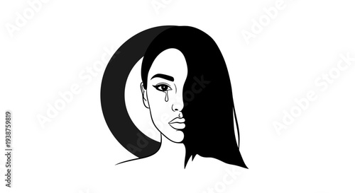 Monochromatic portrait of a woman with a single tear flowing, symbolizing deep sorrow and quiet