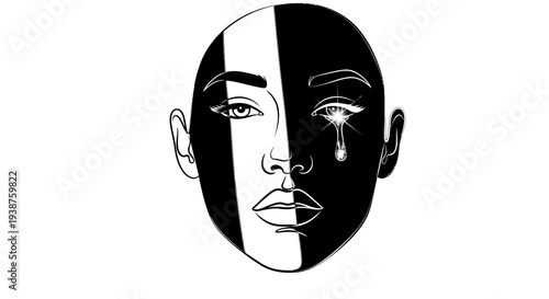 Striking monochrome portrait revealing emotional depth with a shimmering tear split