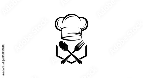 Modern culinary emblem featuring a professional chef's hat paired with crossed dining utensils