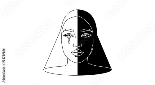Minimalist split-face portrait revealing contrasting emotions and inner turmoil duality concept