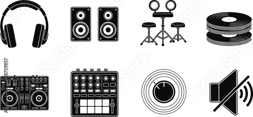 Music and Audio Equipment Icon Set Featuring Headphones Speakers DJ Controller Drum Kit Vinyl Records Mixer and Volume Control Symbols