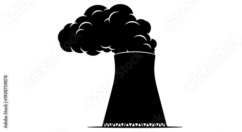 Industrial smokestack emitting thick dark pollution cloud against a stark white background