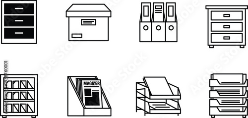 Office storage furniture silhouettes icon set featuring drawers, archive box, binders, cabinet, bookshelf, magazine rack and document tray for workspace organization design