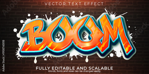 A vibrant and editable vector text effect with a graffiti style boom word in orange and blue colors on a brick wall background.