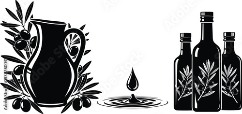 Olive Oil Silhouette Vector Set with Bottle, Jug, Olive Branch and Drop, Mediterranean Organic Food Illustration for Cooking, Health and Gourmet Design