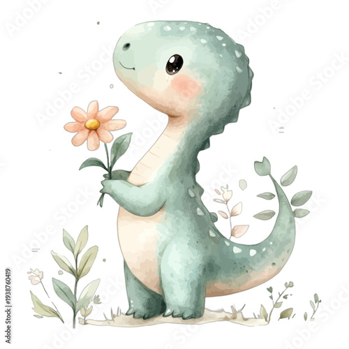 Cute Baby Brachiosaurus Dinosaur Holding a Flower Watercolor Vector – Hand Drawn Cartoon Diplodocus Character Isolated on White for Nursery and Floral Decor