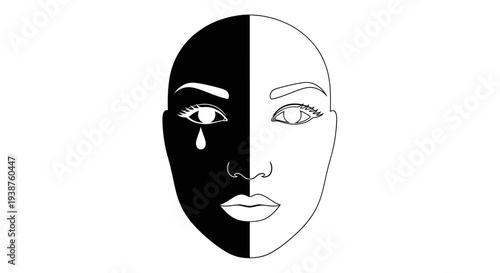 Striking minimalist illustration of a face with a tear, representing emotional duality and