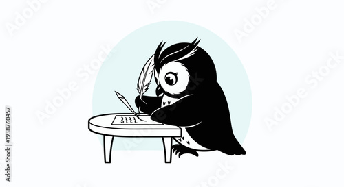 Charming minimalist illustration of a wise owl diligently crafting words with a feather quill at a