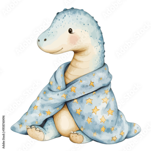 Cute Baby Brachiosaurus Dinosaur Wrapped in Starry Blue Blanket Watercolor Vector – Hand Drawn Cartoon Diplodocus Illustration Isolated on White for Nursery Wall Art