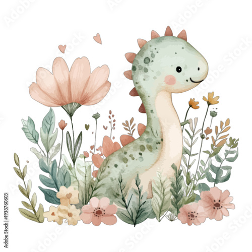 Cute Baby Brachiosaurus Dinosaur in Wildflower Garden Watercolor Vector – Hand Drawn Cartoon Diplodocus Illustration Isolated on White for Nursery Wall Art