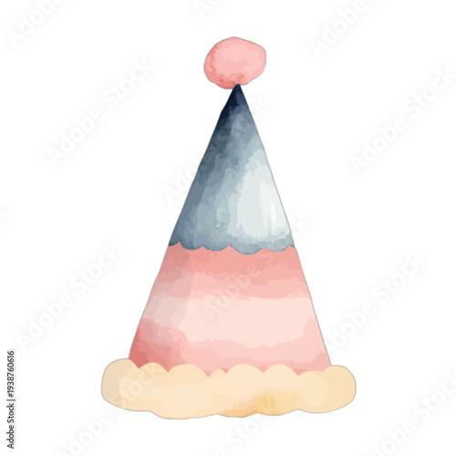 Watercolor pastel party hat with pompom isolated on white background