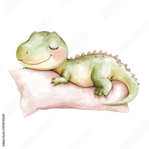 Watercolor cute baby dinosaur sleeping on pink pillow isolated on white background
