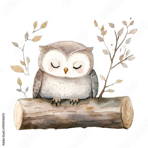 Cute Baby Owl Sleeping on Log Watercolor Vector – Hand Drawn Woodland Bird Illustration with Autumn Leaves Isolated on White for Nursery and Fall Decor