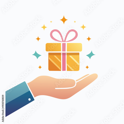 Hand holding a gift box, offering a present, giving a surprise.