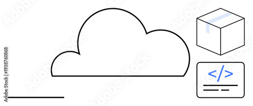 Cloud computing, data storage, software development, code integration, tech infrastructure, digital solutions. A cloud with code and a data box. Cloud computing and data storage concept