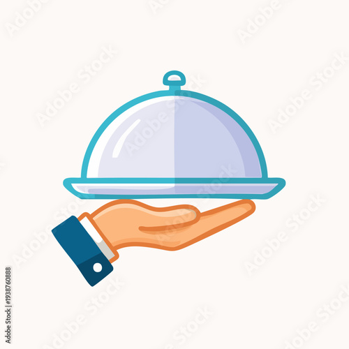 Hand holding a silver serving dish, restaurant concept.