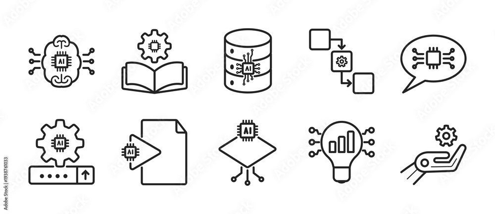 Fototapeta premium AI Automation Workflow Outline Vector Icons Set - Modern icon collection showing artificial intelligence automation workflow including machine learning, chatbot communication, analytics insight