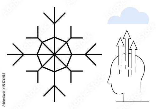 Human mind growth. Human head graphic with upward arrows growth and potential. Growth motif paired with a snowflake and cloud graphic. Perfect for self-improvement, creativity, personal development