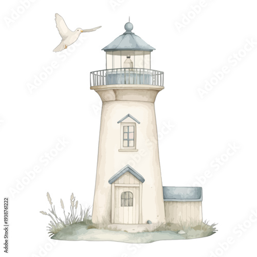Watercolor Lighthouse Illustration with Flying Bird and Coastal Grass