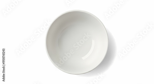 Top-down view of an empty, clean, white ceramic bowl casting a subtle shadow on a pristine white background.