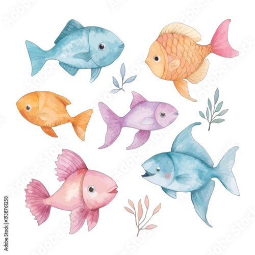 Watercolor Colorful Tropical Fish Collection with Seaweed Clipart Set