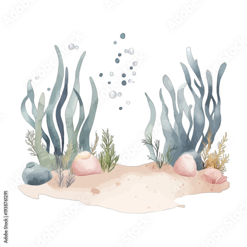Watercolor Underwater Seabed with Seaweed Kelp and Bubbles Clipart