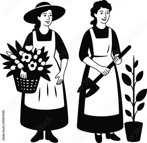 PrintTraditional women gardeners in rural attire, holding basket of flowers and gardening tools, farming lifestyle illustration, countryside agriculture concept, vintage style