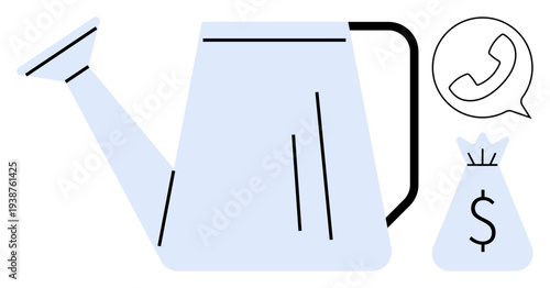 Watering can, money bag with dollar sign, and chat bubble icon represent nurturing financial growth, investment, online communication, financial planning, teamwork, savings, fintech