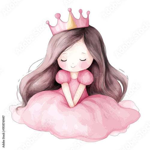 Watercolor Little Princess Illustration with Long Brown Hair and Pink Gown