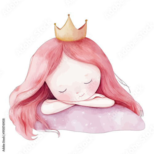 Watercolor Sleeping Little Princess with Pink Hair and Golden Crown