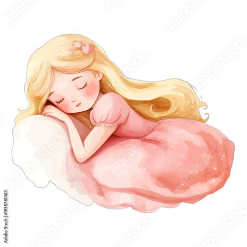 Watercolor Sleeping Princess Thumbelina Illustration with Long Blonde Hair