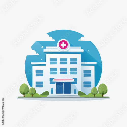 Modern Hospital Building with Medical Cross Symbol.