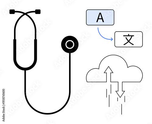 Language translation concept. Language translation linking global communication with cloud storage and processing. Language translation for artificial intelligence and healthcare applications. Ideal