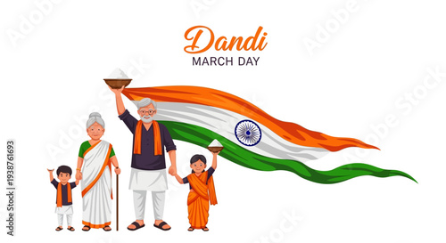 Illustration of Mahatma Gandhi leading a protest march with followers, symbolizing India's freedom struggle and nonviolent resistance on Dandi March Day.