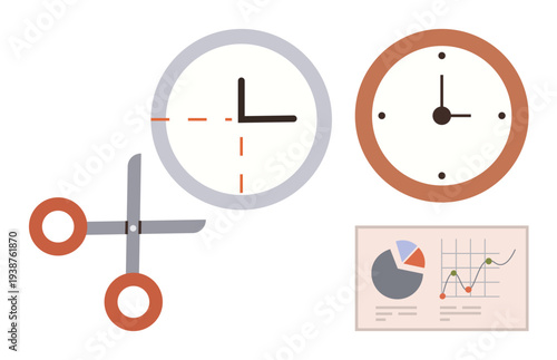 Time optimization, productivity, scheduling, workflow planning, business growth, data analysis. Two clocks, scissors and a data chart. Time optimization and productivity