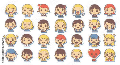 Kawaii Cartoon Characters with Various Facial Expressions