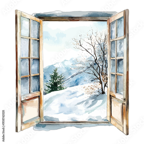 Watercolor Open Window View of Snowy Winter Mountains and Pine Forest