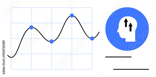 Data trends. A graphical chart shows data points and growth progression alongside a human profile symbol with upward arrows. Data trends analytics, development, and progress. For business