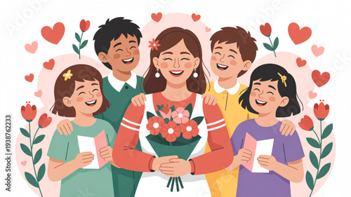 Happy family with children giving valentine's day cards and flowers surrounded by hearts and flowers